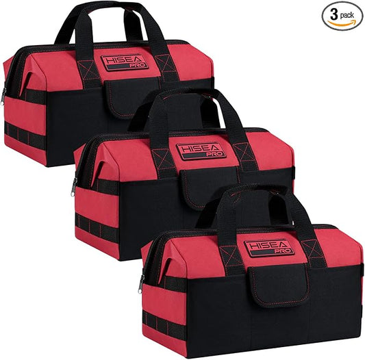 HISEA 3 Pack Heavy Duty Tool Bag with Storage Pockets, 13-Inch Tools Organizer Tote with Wide Base, Waterproof Durable Tool Bags with Zipper for Electrician, Tradesman (Red)