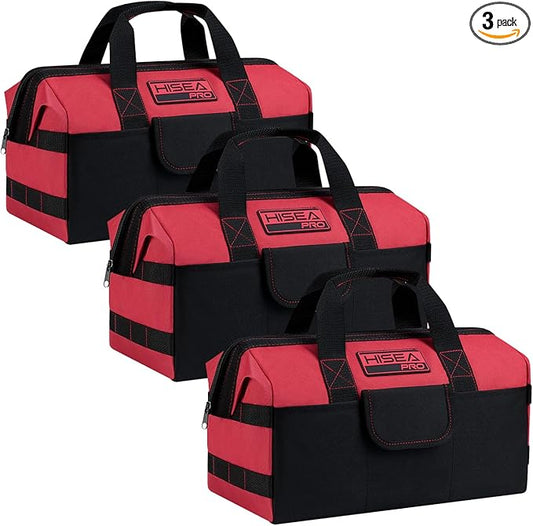 HISEA 3 Pack Heavy Duty Tool Bag with Storage Pockets, 16-Inch Tools Organizer Tote with Wide Base, Waterproof Durable Tool Bags with Zipper for Electrician, Tradesman (Red)