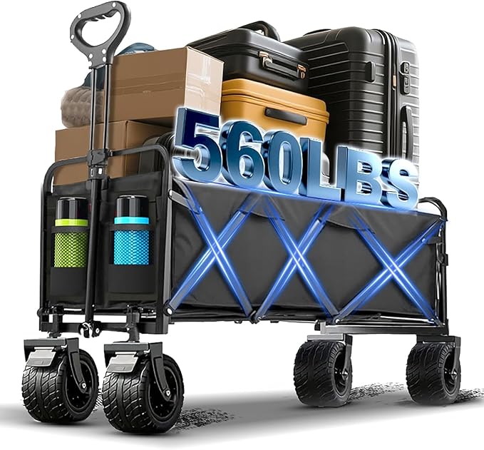 350L Large Capacity Foldable Wagon with Brakes, 560lbs Heavy Duty Collapsible Wagon Cart with Push Handle All-Terrain Big Wheels for Camping, Sports, Shopping, Beach