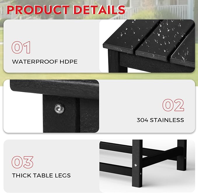 Costaelm Adirondack Conversation Table, HDPE Outdoor Drink Weather Resistant, Outdoor Patio Porch Accent Balcony Table for Pool, Seaside, Backyard, Black