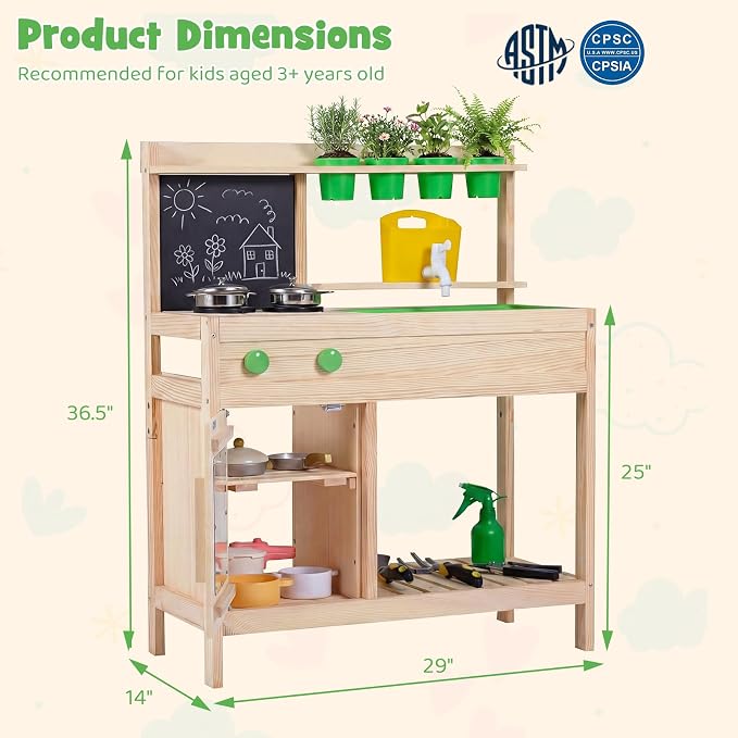 Costzon Mud Kitchen, Wooden Toddler Pretend Cooking Playset w/Runing Water, Blackboard, Water Tank, Faucet, Removable Sink, 4 Planting Pots & Stoves, Outdoor Kids Play Kitchen for Boy, Girl 3+ Years