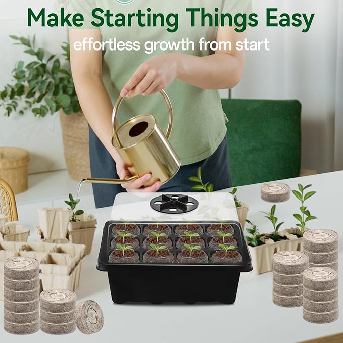 Halatool 4 Pack Seed Starter Tray with 50 PCS Peat Pellets, 48 Cells Black Seeding Starter Trays for Organic Seed Starter Soil Pods for Planting Vegetables Plants Flowers - Starting Seeds Kit