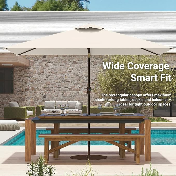 6.5' x 10' Rectangular Patio Umbrella Large Outdoor Market Umbrella w/ UV Protection, Push Button Tilt and Crank Lift, Rectangle Table Umbrella for Garden, Deck, Pool, Patio, Creamy White