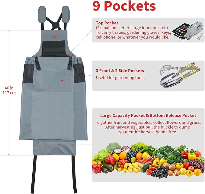Gardening Apron with Pockets for Women&Men, Harvest Aprons w/Quick Release Pocket, One Size Fits Most, Gardening Gift