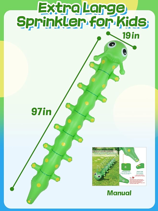 97" x 19" Extra Large Caterpillar Sprinkler for Kids - Outdoor Toys Kids Toddler Water Sprinkler for Yard, Attaches to Garden Hose, Durable Inflatable Splashing Fun Toys for Garden Lawn