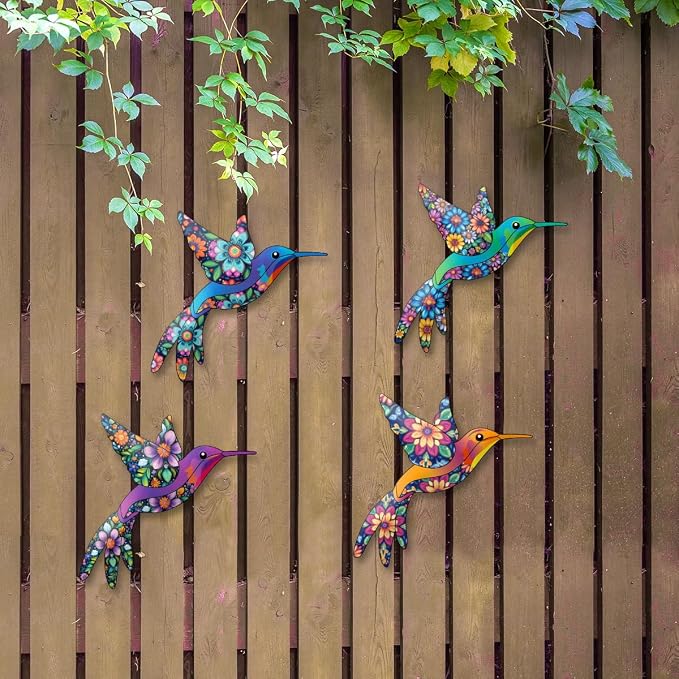 Metal Hummingbird Wall Art, 4 PCS Metal Bird Wall Hanging Decorations for Outdoor Fence Garden Yard Patio Balcony, Garden Gifts for Friends