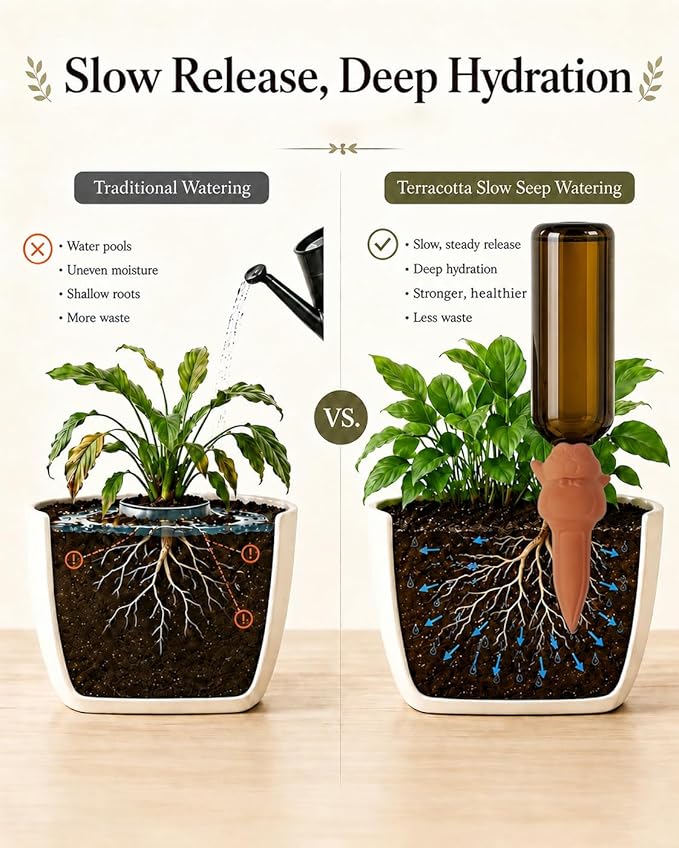 vensovo 4 Pack Terracotta Plant Watering Spikes, Cute Frog Automatic Plant Waterer, Slow Release Self Watering Stakes for Indoor Outdoor Plants, Vacation Plant Care, Fits Wine Bottles