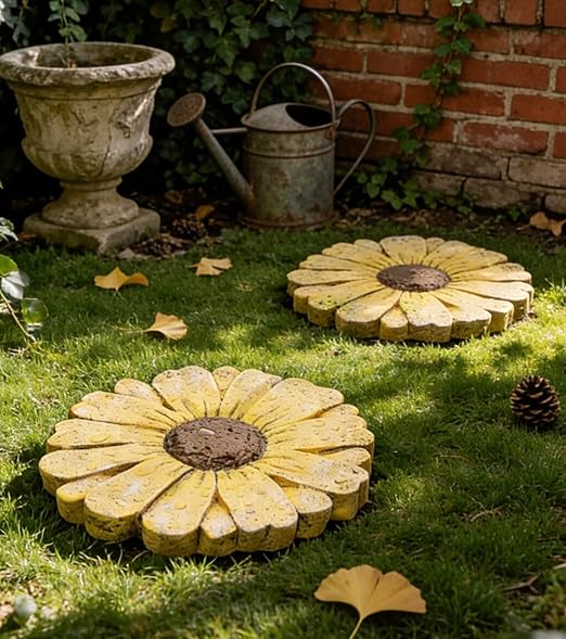 Landoraloria Cement Flower Stepping Stone 10” Daisy Garden Path Stone for Yard & Walkway Handcrafted Non-Slip Outdoor Patio Decor Weather-Resistant Cement Stone (Yellow)