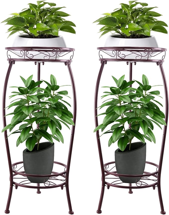2 Pack 27.1" Plant Stands Indoor Outdoor – 2-Tier Metal Flower Pot Holders, Heavy Duty Rustproof Plant Shelf with Round Supports for Garden, Patio, Balcony, Corner Planters