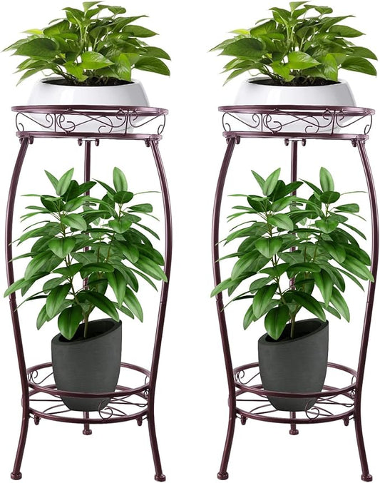 2 Pack 27.1" Plant Stands Indoor Outdoor – 2-Tier Metal Flower Pot Holders, Heavy Duty Rustproof Plant Shelf with Round Supports for Garden, Patio, Balcony, Corner Planters