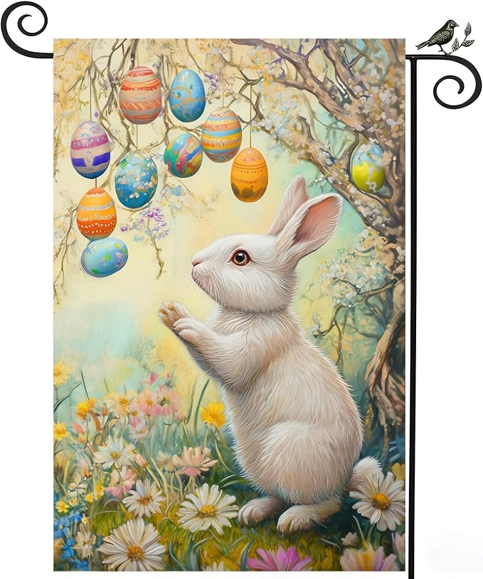 Easter Garden Flag 12x18 Inch Double Sided for Outside, Burlap Bunny Flowers Yard Flags Decor, Farmhouse Easter Floral Eggs Outdoor Holiday Decoration