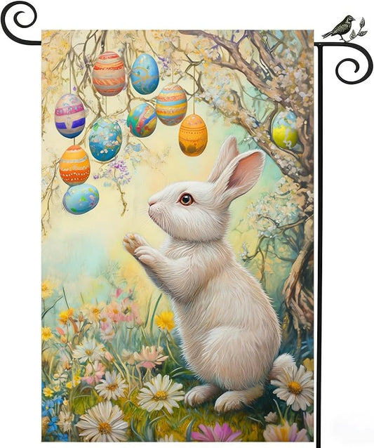 Easter Garden Flag 12x18 Inch Double Sided for Outside, Burlap Bunny Flowers Yard Flags Decor, Farmhouse Easter Floral Eggs Outdoor Holiday Decoration