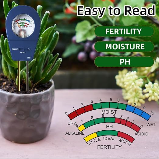 3-in-1 Soil Moisture Meter pH & Fertility Tester, No Battery Needed Plant Soil Test Kit for Houseplants, Garden, Lawn & Farm, Plug-and-Read Soil Acidity Meter for Indoor Outdoor Potted Plants (Blue)