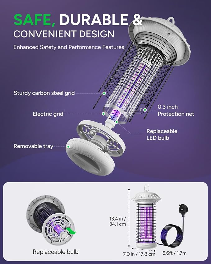 Buzbug LED Bug Zapper Indoor Outdoor, Up to 50000 Hrs Lifespan Lamp, Energy Saving & Dual Band Attraction, 5.6 ft Power Cord, High Voltage Mosquito Fly Zapper Trap Killer -MO008C (White)