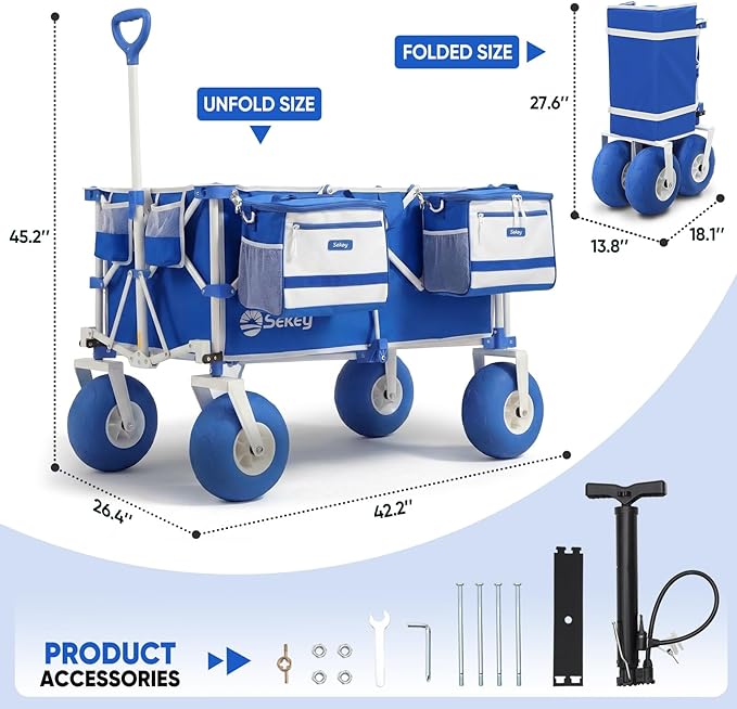 Sekey Heavy Duty Beach Wagon with 9" Big Sand-Proof Wheels, 300L Oversized Foldable Beach Cart with Cooler| Adjustable Handle & Balloon Tires for Sand, Camping,Vacation