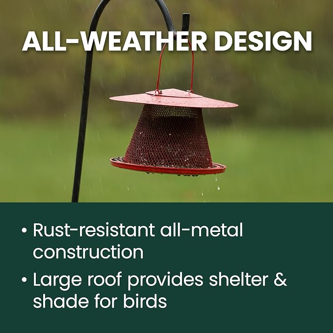 Perky-Pet Red Cardinal Wild Bird Feeder - 2.5 lb Seed Capacity, Holds Up to 15 Birds Simultaneously, Metal Hanging Feeder for Outdoors, Collapsible Mesh Design, Built-In Hook & Circular Tray, C00322
