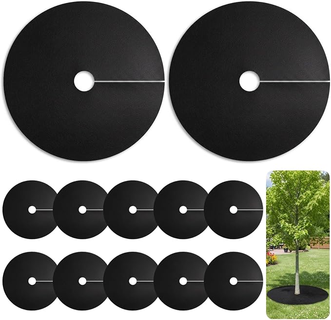 OMISTAR 12 Pcs Non Woven Tree Rings, 20.5 Inch Weed Barrier Mats, Round Landscaping Fabric for Weed Prevention and Root Protection, Easy to Use Pre-Cut Garden Mulch Covers