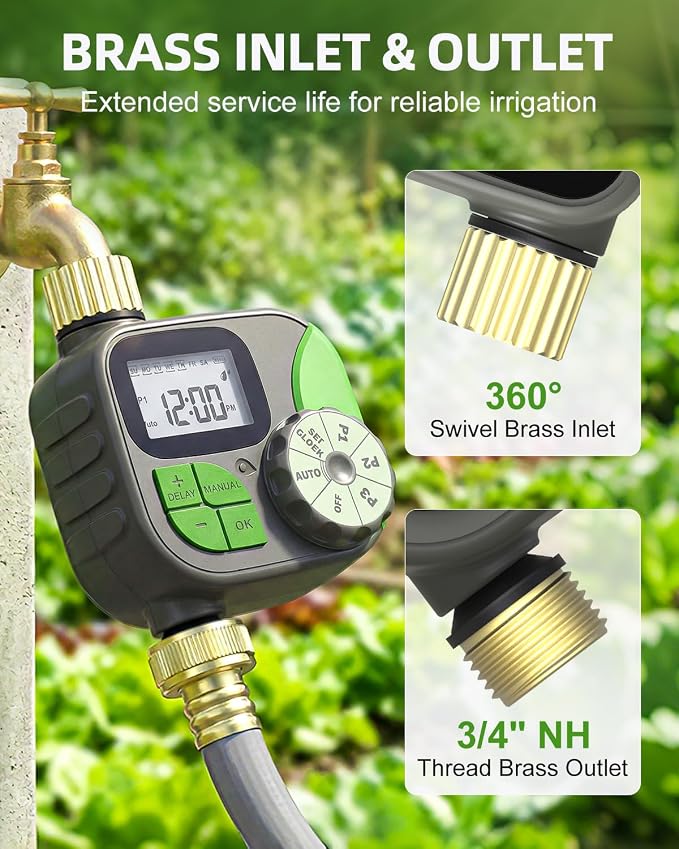 Brass Sprinkler Timer, IP55 Programmable Hose Water Timer with 3 Watering Program, Digital Watering System with Rain Delay & Manual Override, for Garden, Lawn, Yard Care - Green