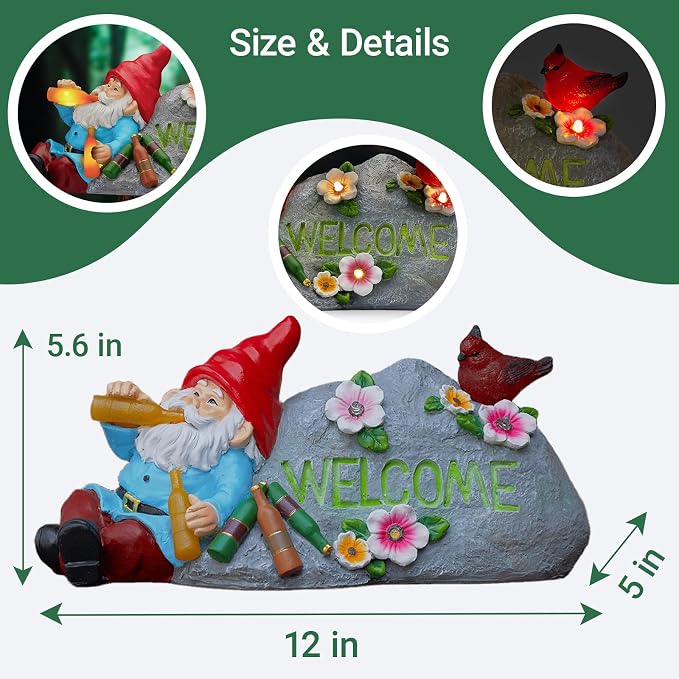 Funny Garden Gnomes Statue with Welcome, Solar Outdoor Gnomes Decorations for Yard, Patio, Lawn, Christmas Birthday Housewaming Gifts, for Dad, Men, Husband, Grandpa, 11.8 Inch, Resin