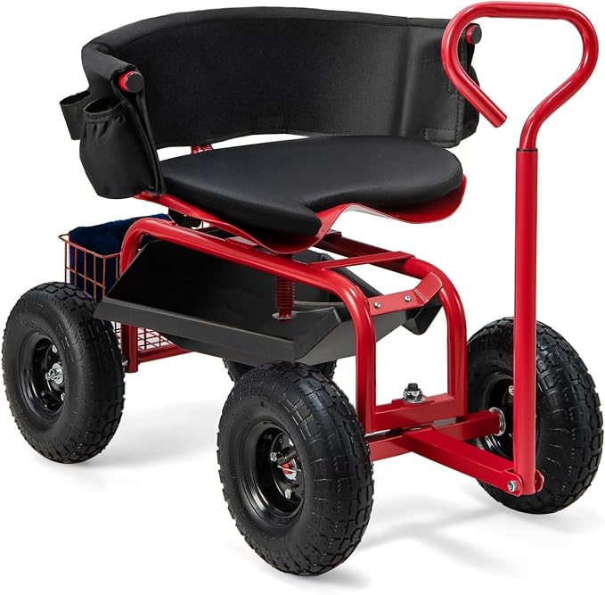THUNDERBAY Garden Cart Rolling Workseat with Wheels, 360 Degree Swivel Seat, Wagon Scooter with Steering Handle & Utility Tool Tray for Planting, with Storage Basket and Tool Pouch, Red