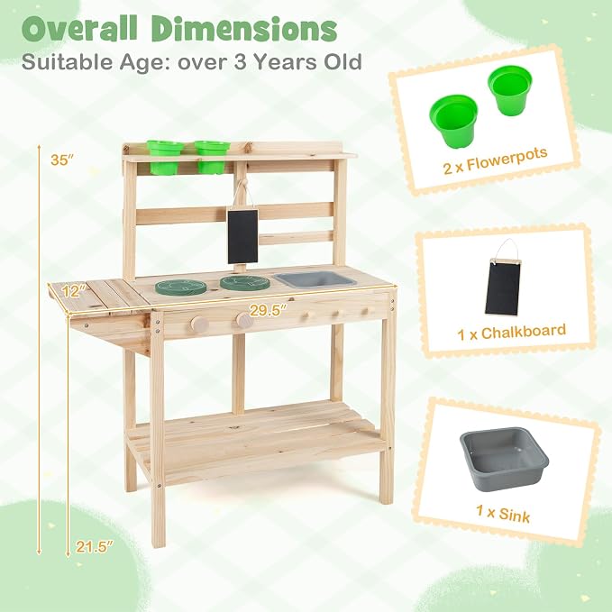 HONEY JOY Mud Kitchen, Fir Wood Mud Table Potting Bench for Kids Outdoor, Chalkboard, Flowerpots, Montessori Outdoor Play Kitchen for Toddlers, Children Backyard Furniture for Garden Patio, Natural