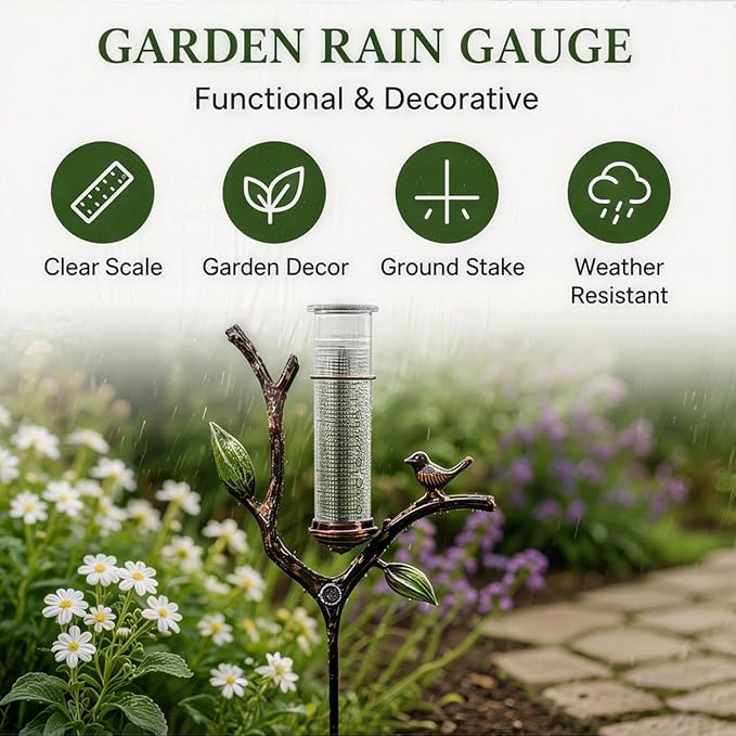 Outdoor Glass Rain Gauge with Stake Bird Shaped Yard Rainfall Measuring Tool 7 Inch