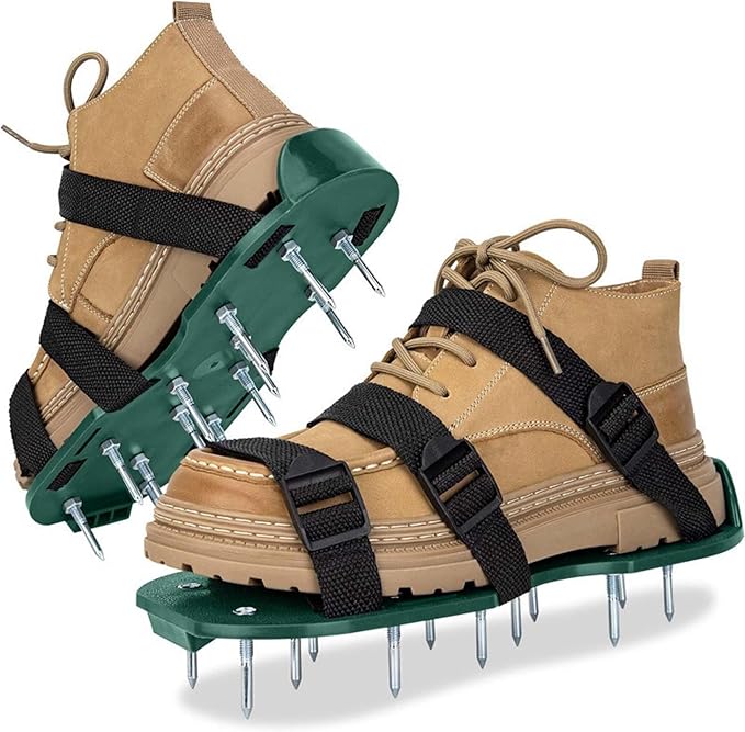Lawn Aerator Shoes with Adjustable Straps for Grass, Heavy Duty Spiked Aerating Sandals for Yard Patio Lawn Garden, Aerator Lawn Tool or Screed Shoes, One Size Fits All, Black Green Epoxy Shoes