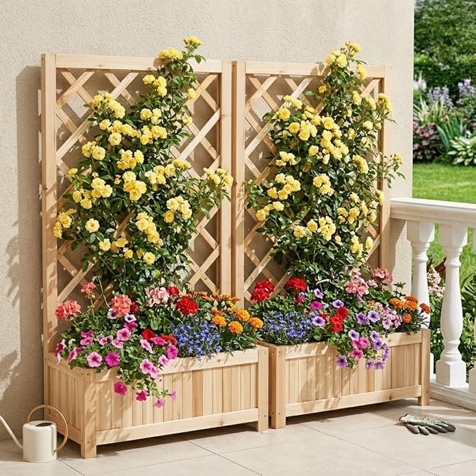 Wooden Raised Garden Bed with Trellis, 40" Outdoor Planter Box for Climbing Plants, Vertical Natural Wood Garden Planter for Vegetables, Flowers & Vines, Lattice Plant Support for Patio Yard Balcony