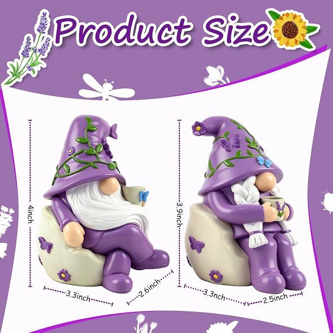 Lavender Gnome Garden Figurines 2 PCS Resin Summer Decorations Indoor Collectible Ornaments Outdoor Yard Decor for Table, Home, Shelf