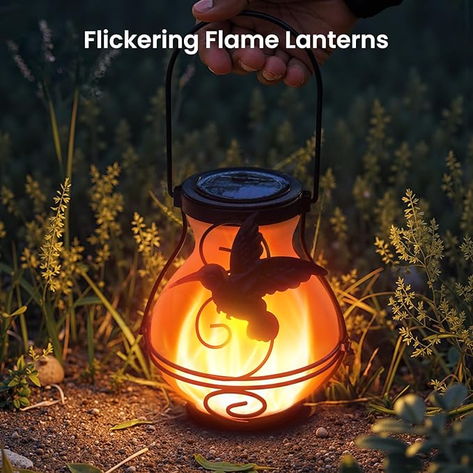 4 Pack Solar Lanterns Outdoor Waterproof Flickering Flame Lights Hummingbird Metal Hanging Solar Lantern Patio Porch Garden Decoration