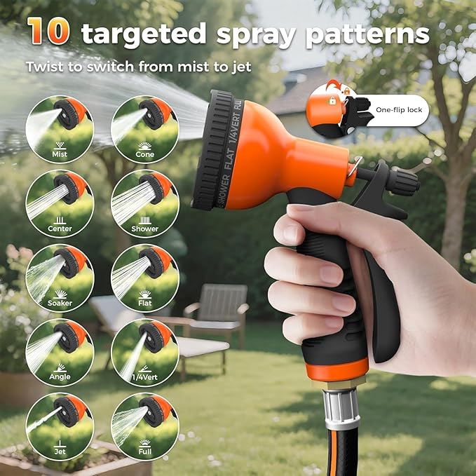 Mars Villa Retractable Garden Hose Reel 1/2 IN x 50 FT, Wall Mounted Heavy Duty Water Hose for Outside, Auto-Rewind & Any Length Lock, 180° Swivel Bracket, Slow Return, 10 Spray Patterns, UV-Resistant