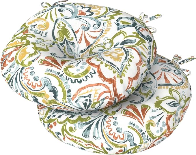 DYTXIII Set of 2 Outdoor Round Chair Cushions 15"x15"x4" with Ties, Water Repellent Tufted Bistro Seat Cushions, Thick Patio Chair Pads for Bar Stool, Garden & Dining Furniture - Paisley Botanical