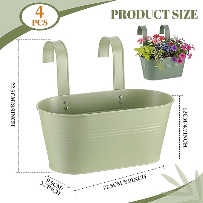 Hicarer Metal Hanging Flower Pots for Railing Fence, Large Hanging Rail Planters for Outdoor Window Balcony Plants Holder with Hooks for Garden Yard Home Decor(White,Green,4 Pcs)