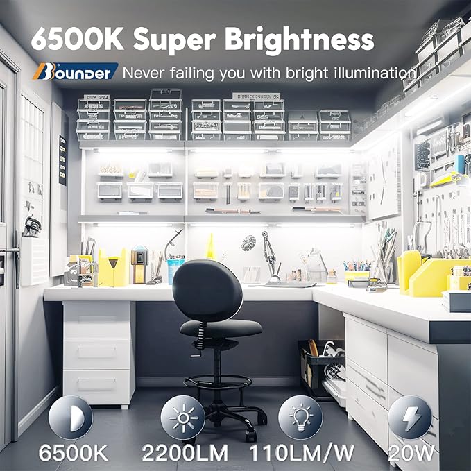 BBOUNDER 2FT LED Shop Light Fixture, Super Bright 2200LM, Cool Daylight White 6500K, Ceiling or Hanging Mount, Durable Garage Shop Lighting for Warehouse, Workbench, Basement, and Business Use, White