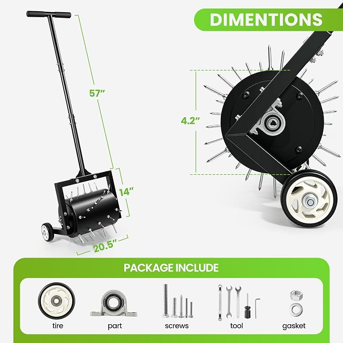 Rolling Lawn Aerator, Heavy Duty Spike Aerator Tool for Lawn & Yard, Manual Push Soil Aerator with Wheels for Garden Lawn Care, Grass Root Growth & Soil Aeration