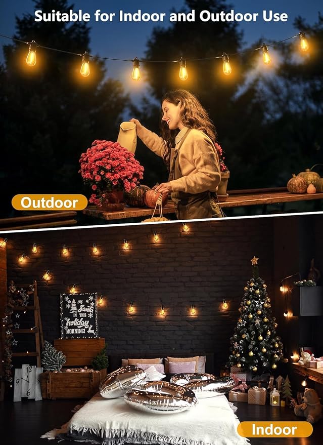 Brightown Outdoor String Lights, 50FT 15 Bulbs Shatterproof Patio Lights, IP65 Waterproof Dimmable Hanging Connectable LED Outdoor Lights for Backyard, Bistro, Porch, Deck, Balcony
