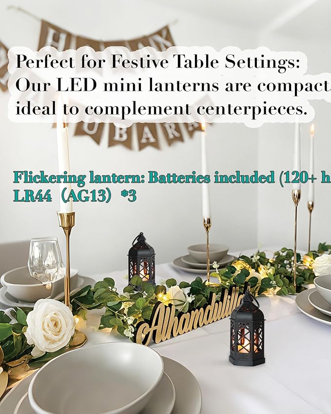 12-Pack Mini Lanterns with Flickering LED Candles for Ramadan, Moroccan Decorative Hanging Lanterns for Halloween, Christmas, Wedding, Black Lantern for Table Centerpiece, Home & Party Decor