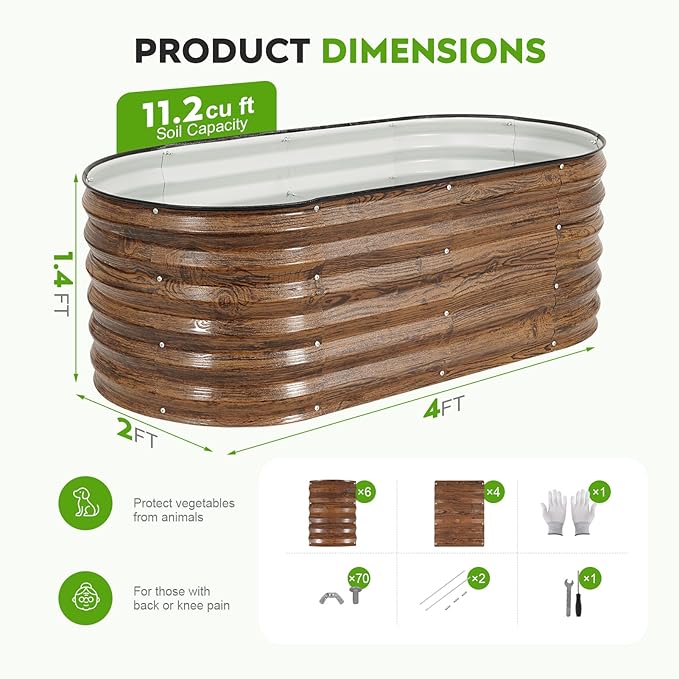 Galvanized Raised Garden Bed Outdoor- 2PCS 4x2x1.4ft Oval Steel Raised Beds for Gardening, Metal Planter Box with Protective Strip and Gloves for Vegetables, Flowers, Fruits(Brown)