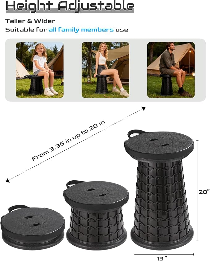 Spisces 2026 Heavy Duty XXL Collapsible Stool | 1000lbs Capacity, 20-in Taller & 13-in Wider Foldable Retractable Telescoping Stool for Adults, Oversized Camping, Fishing, Concert, Event, Stadium
