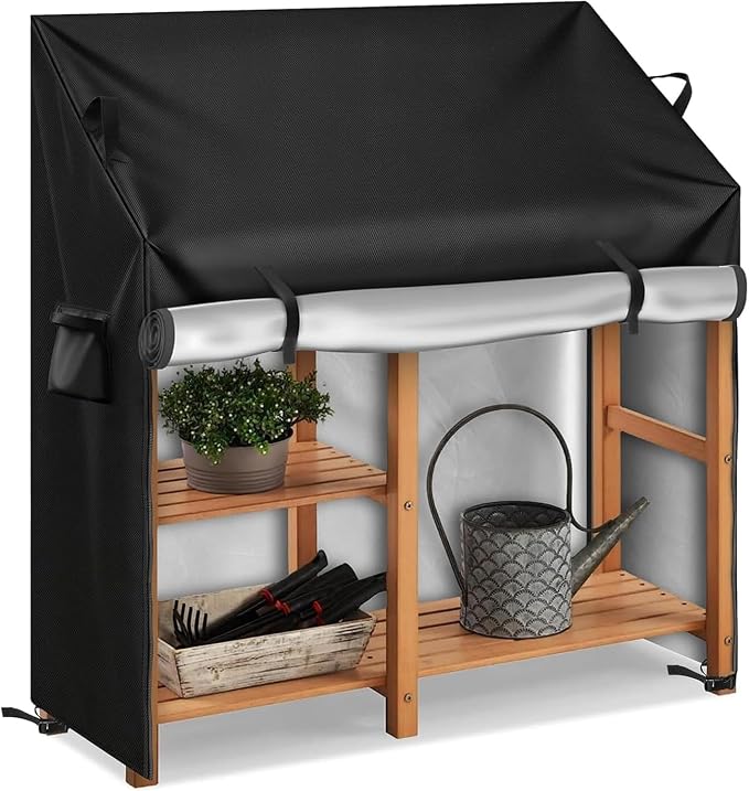 Canvas Potting Bench Cover, Waterproof Outdoor Table For Garden Furniture, All Weather Anti-UV Protection With Zipper, Adjustable Drawstring & Windproof Straps, Durable Protector(41"Lx19"Wx34/47"H)
