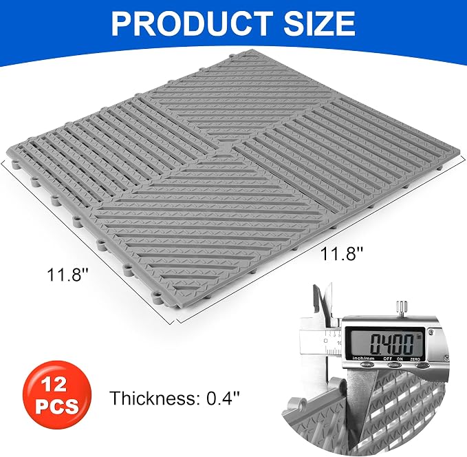 MYFAMIREA Modular Interlocking Cushion 12 Pack 11.8" x 11.8" Rubber Floor Tiles Non-Slip Splicing Drainage Mats for Deck, Pool, Shower, Patio, Balcony, Bathroom, Kitchen, Yard (Diagonal, Gray)