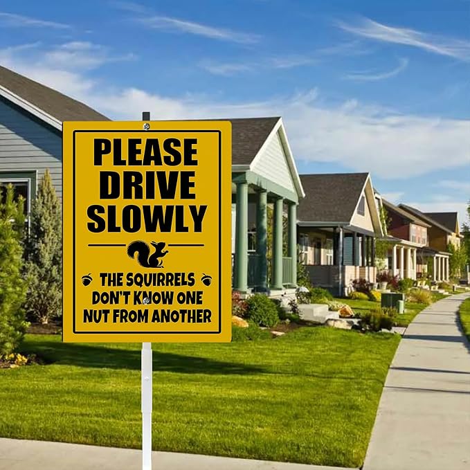 Please Drive Slowly Squirrel Yard Sign With Stake Reflective Aluminum Rustproof Caution Slow Down Wildlife Safety Sign Stand For Home Street Neighborhoods Decorations Outdoor (8x12) IN