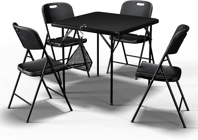 VECELO 5 Piece Folding Card Table Square and Chairs Set, Plastic Tabletop & Seat, Foldable & Portable for Indoor Outdoor Use, Black