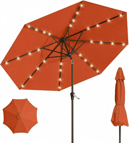 10FT Solar Umbrella 32 LED Lighted Patio Umbrella Table Market Umbrella w/Tilt and Crank, UV-Resistant Outdoor Umbrella for Pool, Garden, Deck, Terracotta