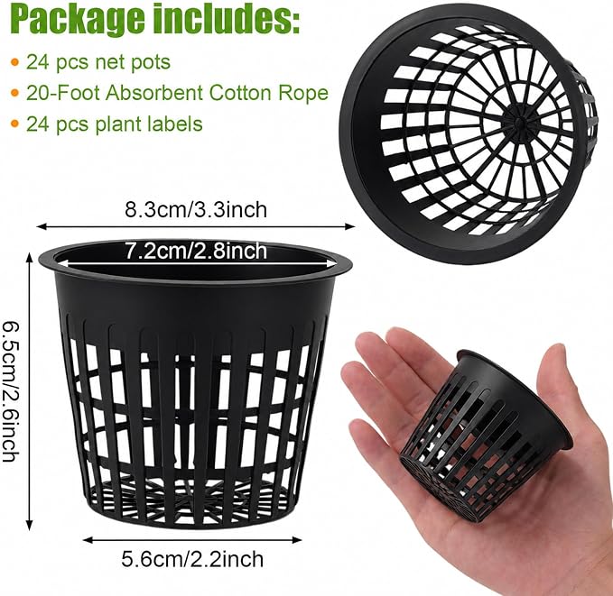 Net Cups Hydroponics 24 Pack 3 Inch Mesh Net Pots with 20 Ft Wick Cord & 24 Plant Labels, Slotted Cups for Healthy Root Growth, Indoor Hydroponic Growing & Aquaponics Systems