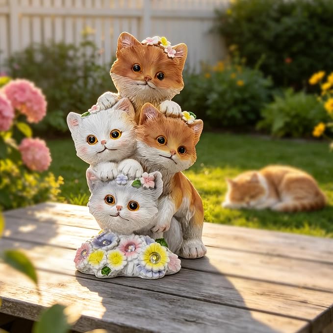 Solar Cat Garden Statues with 6 LED Flower Lights, Stacked Kitten Figurine, Garden Decor for Outside, Birthday Gifts for Women Cats Lovers Mom Grandma