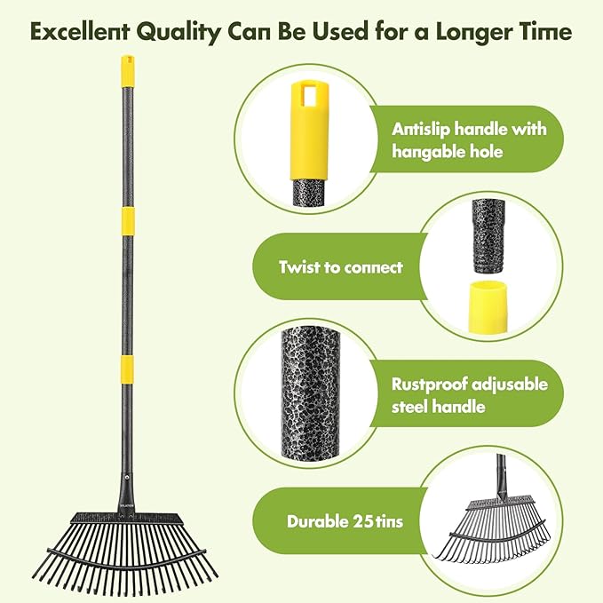 Rake for Leaves, Heavy Duty Leaf Rakes for Lawns & Yard - 79” Adjustable Long Handle 18” Width 25 Metal Tines - Gardening Rake for Adults Kids for Shrub,Grass,Mulch