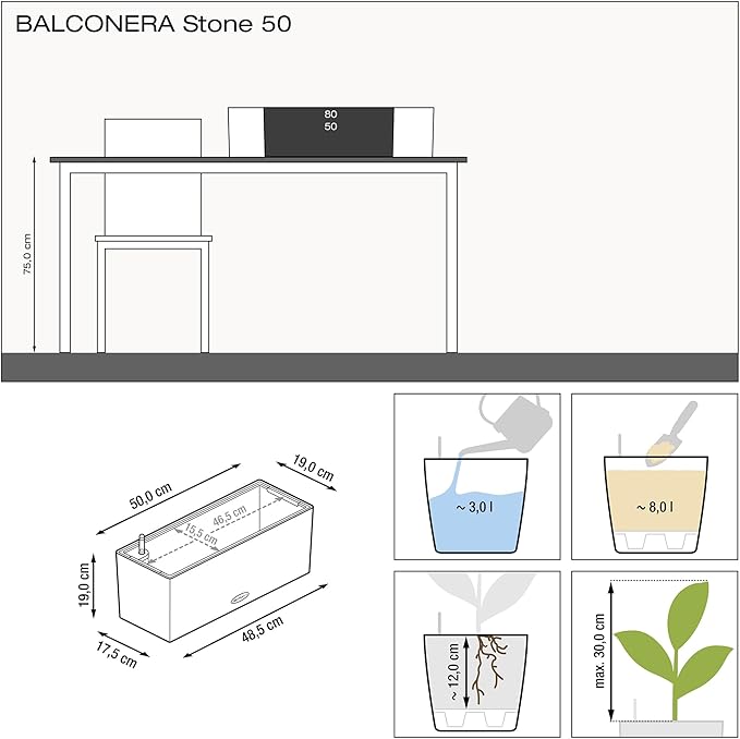 Lechuza BALCONERA Stone 50 Stone Grey, Self-Watering Window Box (Railing Planter), H7.5 L19.7 W7.5 in