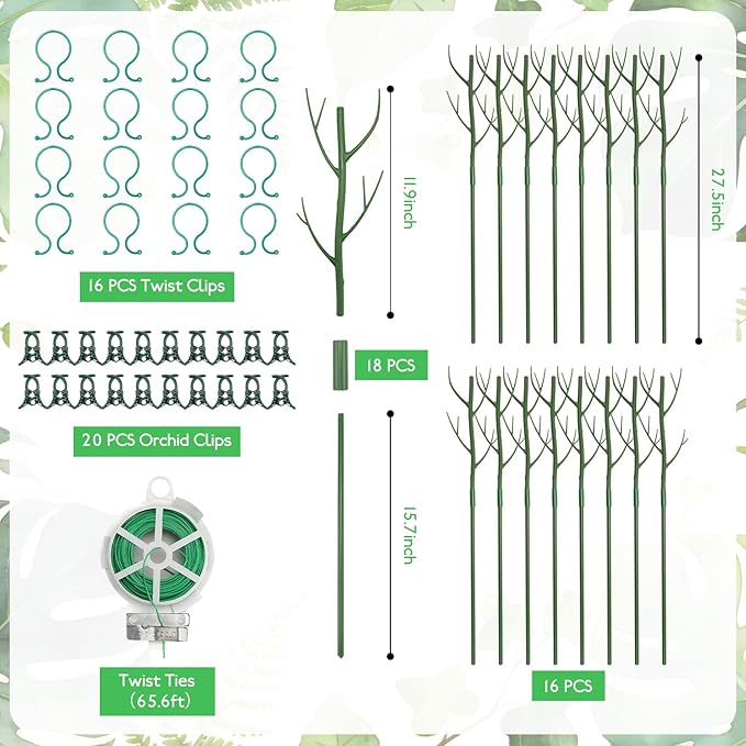 16 Pack Plant Support Stakes 27.5" | Detachable Monstera Climbing Stakes with 20 Orchid Clips & 65ft Twist Ties | Heavy Duty Garden Stakes for Indoor Outdoor Plants