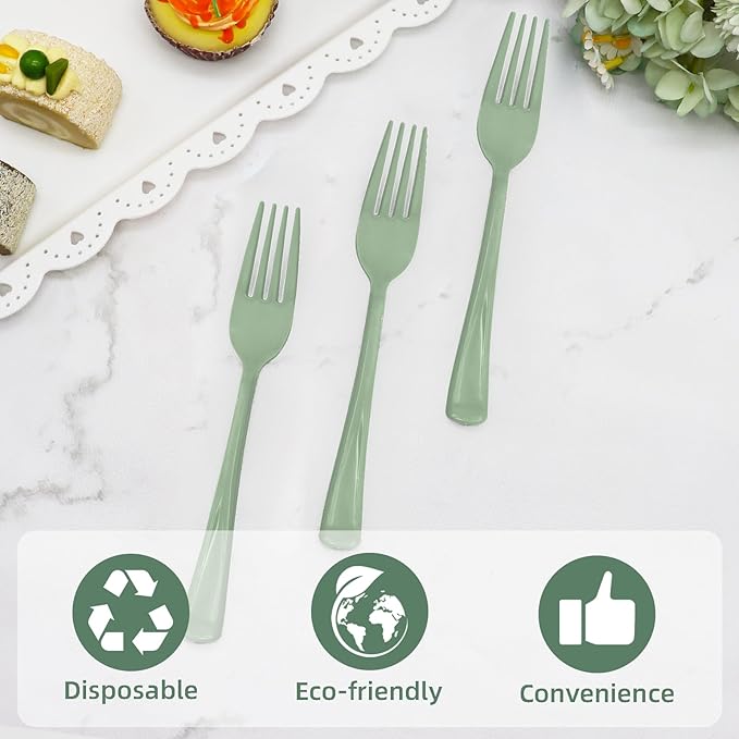 100 Pcs Sage Green Plastic Forks Sage Green Plastic Silverware Disposable Cutlery Heavy Duty 100 Forks for Birthday, Baby Shower, Picnic